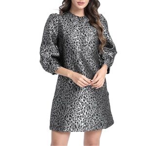 Black & Silver Leopard Jacquard  3/4 Puff Sleeve Shift Dress